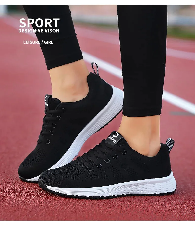 Breathable Mesh Lace Up Flat Sneakers for Women in Pink and Black
