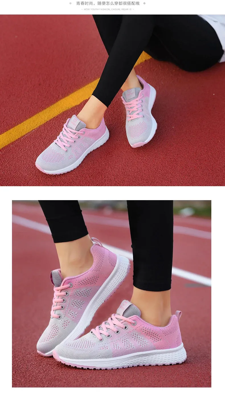 Breathable Mesh Lace Up Flat Sneakers for Women in Pink and Black