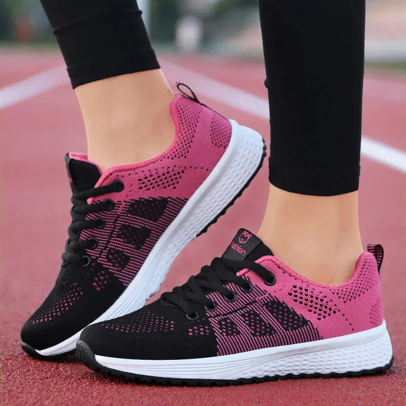 Breathable Mesh Lace Up Flat Sneakers for Women in Pink and Black
