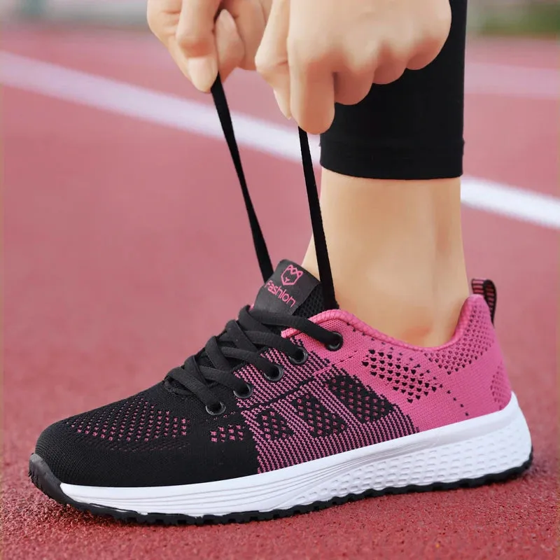 Breathable Mesh Lace Up Flat Sneakers for Women in Pink and Black