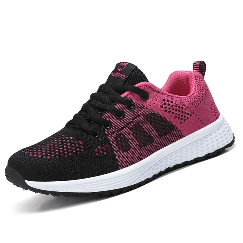 Breathable Mesh Lace Up Flat Sneakers for Women in Pink and Black