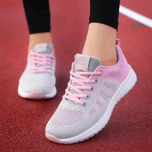 Breathable Mesh Lace Up Flat Sneakers for Women in Pink and Black