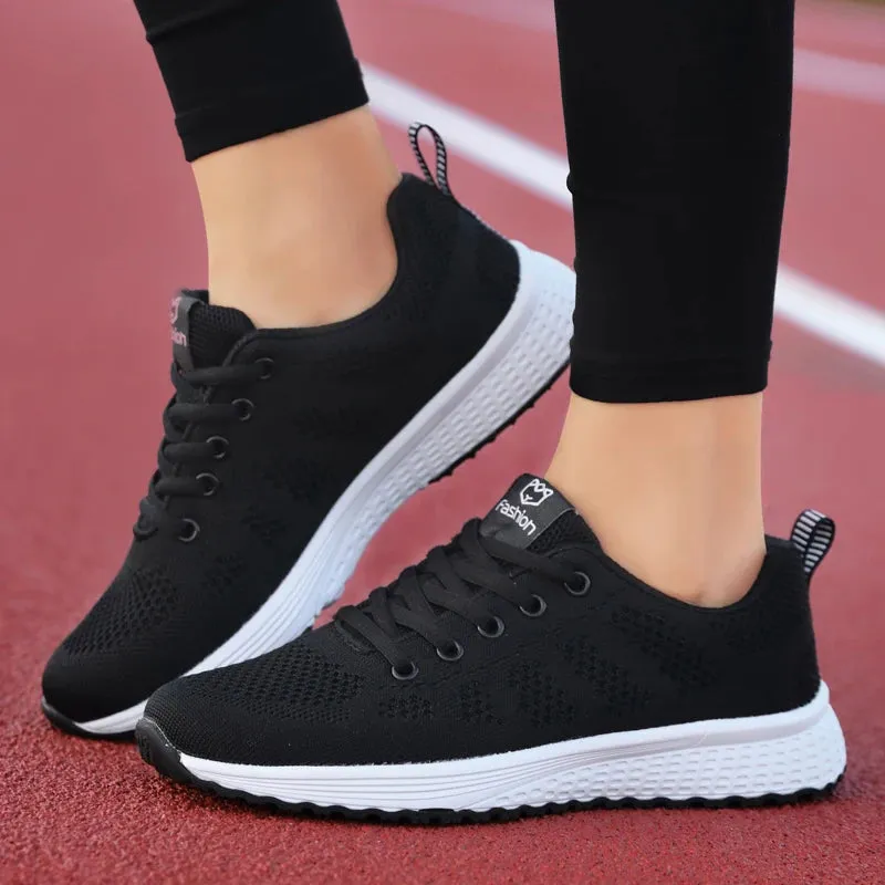 Breathable Mesh Lace Up Flat Sneakers for Women in Pink and Black