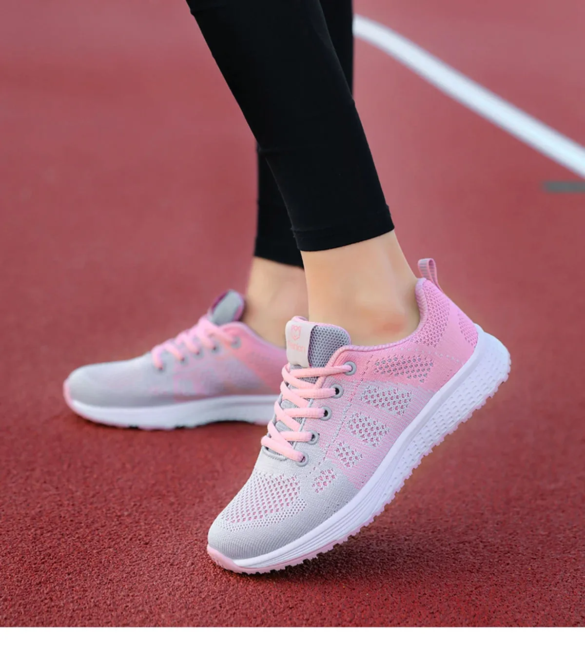 Breathable Mesh Lace Up Flat Sneakers for Women in Pink and Black
