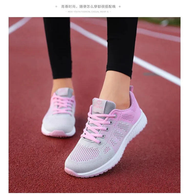 Breathable Mesh Lace Up Flat Sneakers for Women in Pink and Black