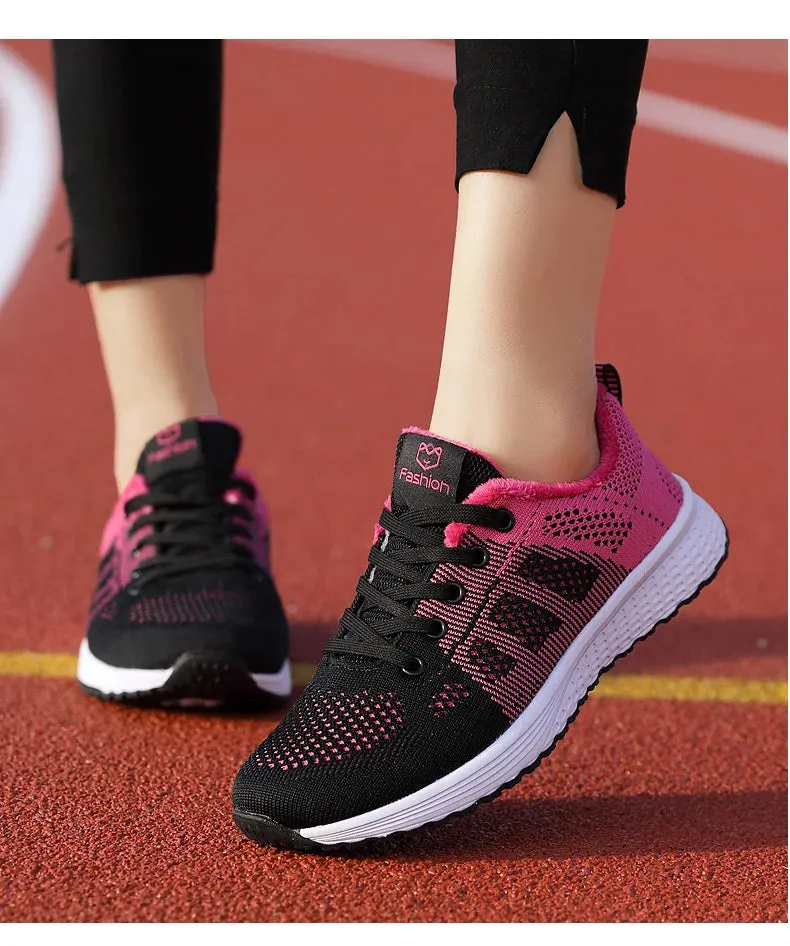 Breathable Mesh Lace Up Flat Sneakers for Women in Pink and Black