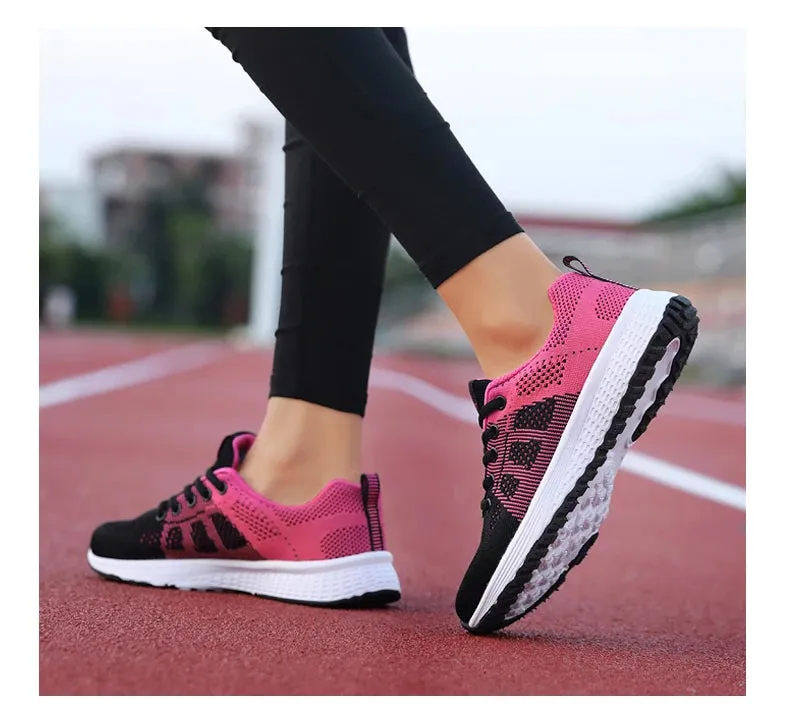 Breathable Mesh Lace Up Flat Sneakers for Women in Pink and Black