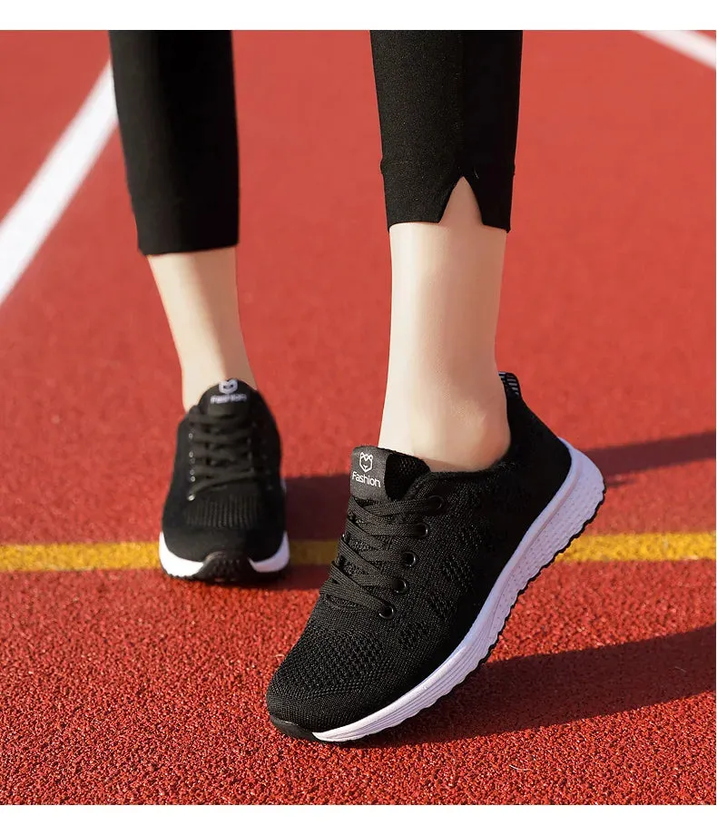 Breathable Mesh Lace Up Flat Sneakers for Women in Pink and Black