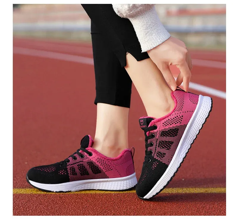 Breathable Mesh Lace Up Flat Sneakers for Women in Pink and Black