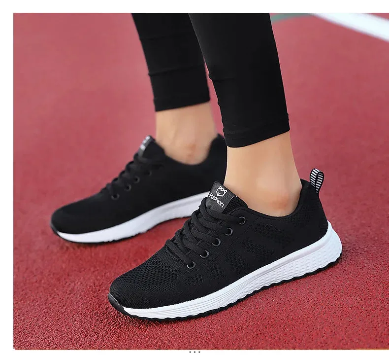 Breathable Mesh Lace Up Flat Sneakers for Women in Pink and Black
