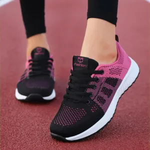 Breathable Mesh Lace Up Flat Sneakers for Women in Pink and Black