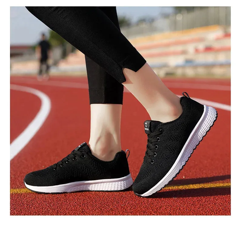 Breathable Mesh Lace Up Flat Sneakers for Women in Pink and Black