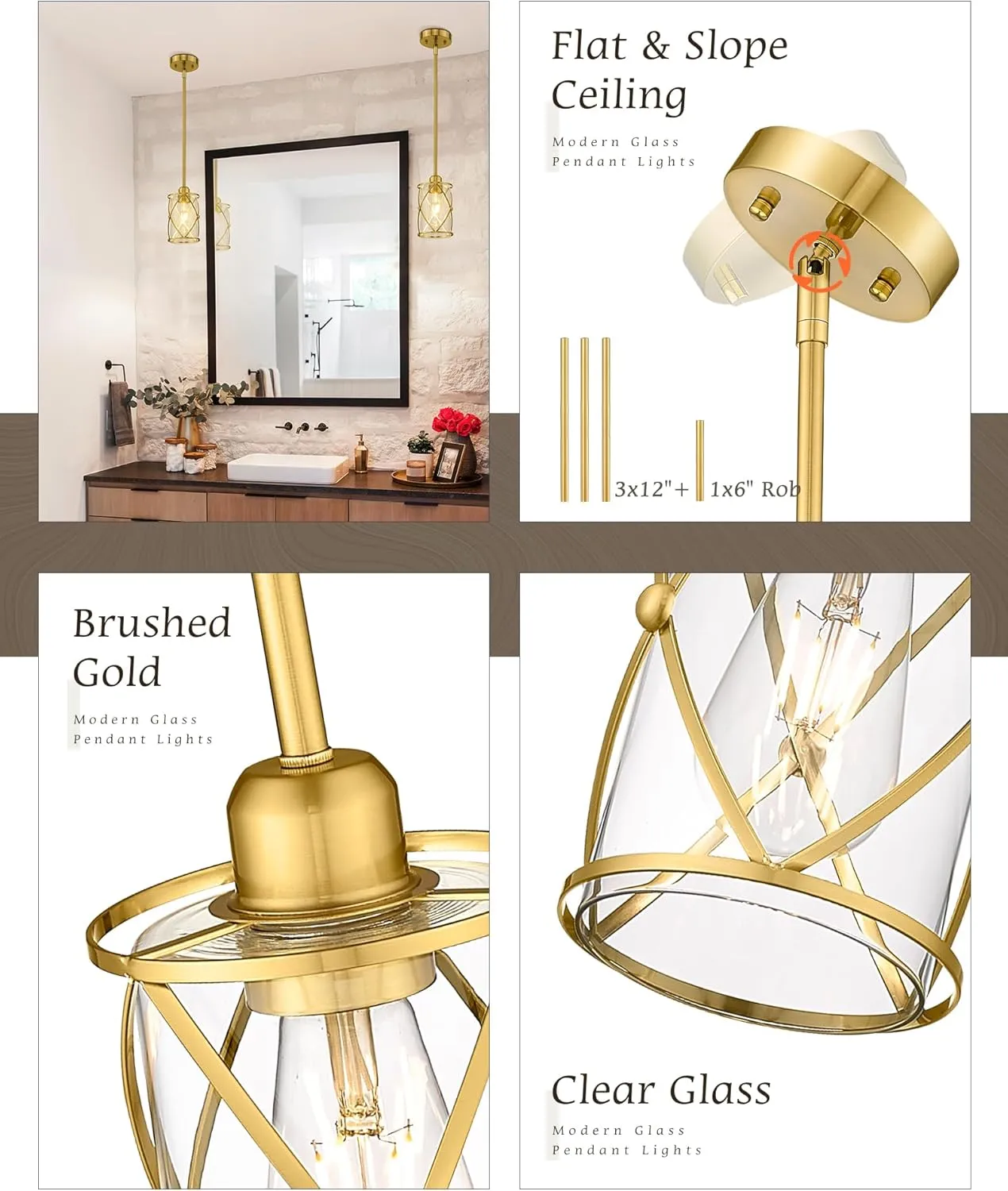 Brushed Gold Pendant Lights Kitchen Island, 2 Pack Brass Glass Pendant Light Fixture Farmhouse Cage Hanging Lighting with Rod for Kitchen Island Sink Bathroom, CH9176BG-2PKG