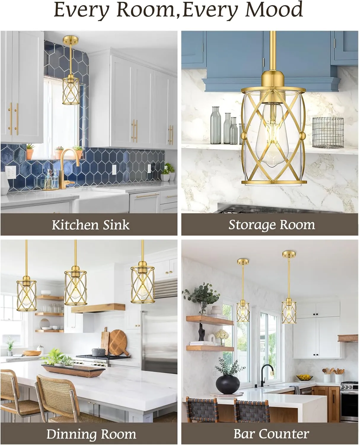 Brushed Gold Pendant Lights Kitchen Island, 2 Pack Brass Glass Pendant Light Fixture Farmhouse Cage Hanging Lighting with Rod for Kitchen Island Sink Bathroom, CH9176BG-2PKG
