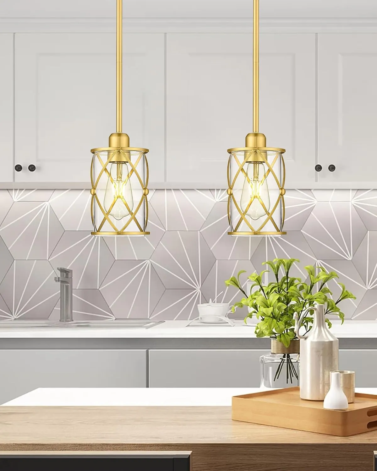Brushed Gold Pendant Lights Kitchen Island, 2 Pack Brass Glass Pendant Light Fixture Farmhouse Cage Hanging Lighting with Rod for Kitchen Island Sink Bathroom, CH9176BG-2PKG