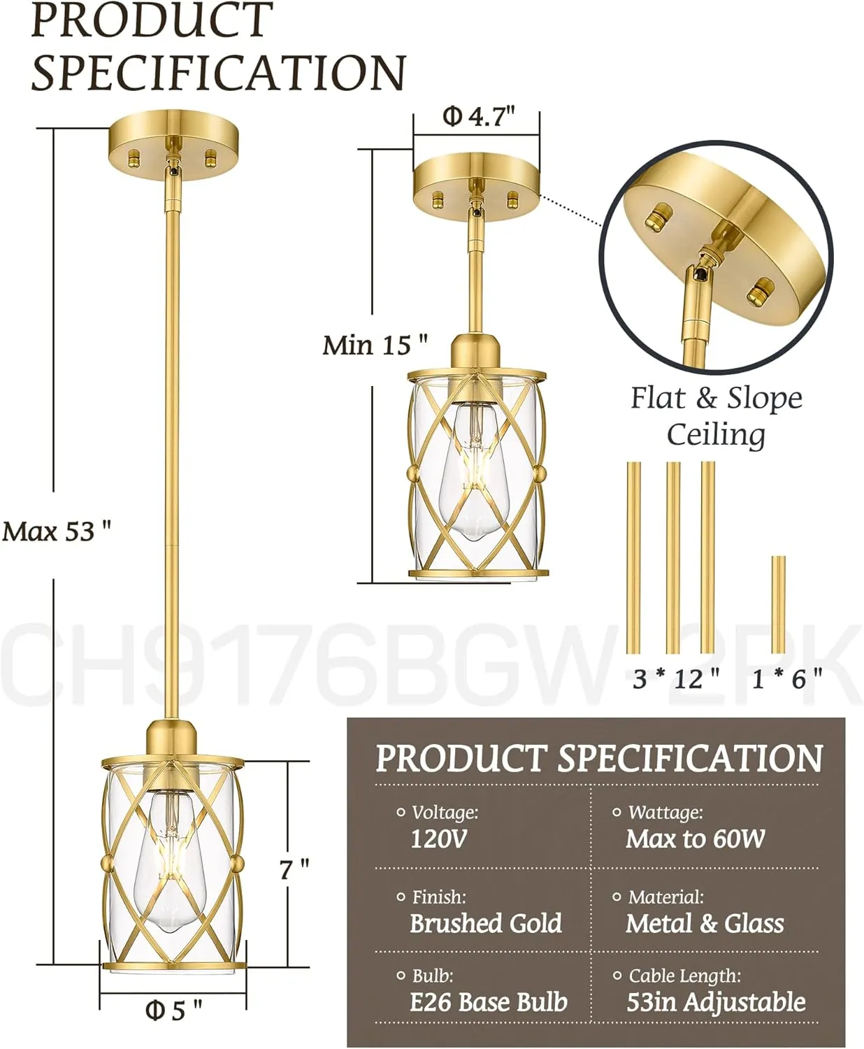 Brushed Gold Pendant Lights Kitchen Island, 2 Pack Brass Glass Pendant Light Fixture Farmhouse Cage Hanging Lighting with Rod for Kitchen Island Sink Bathroom, CH9176BG-2PKG