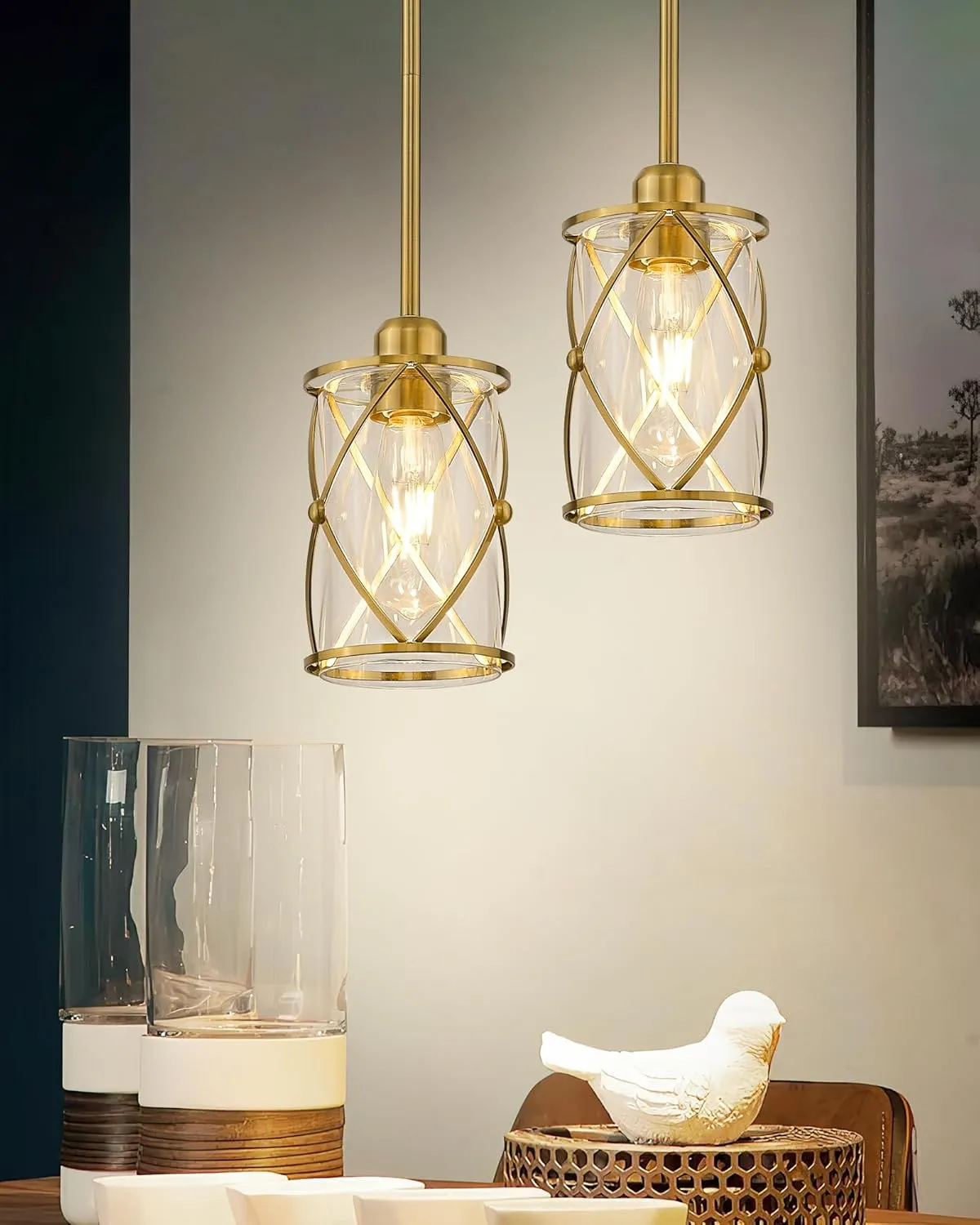 Brushed Gold Pendant Lights Kitchen Island, 2 Pack Brass Glass Pendant Light Fixture Farmhouse Cage Hanging Lighting with Rod for Kitchen Island Sink Bathroom, CH9176BG-2PKG