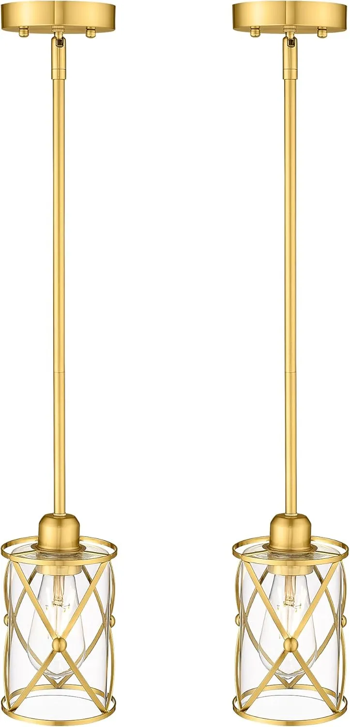 Brushed Gold Pendant Lights Kitchen Island, 2 Pack Brass Glass Pendant Light Fixture Farmhouse Cage Hanging Lighting with Rod for Kitchen Island Sink Bathroom, CH9176BG-2PKG