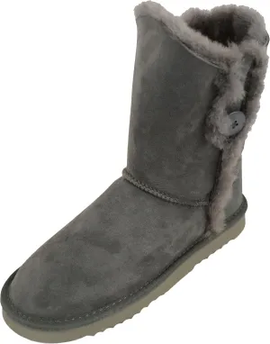 Bushga Ladies Genuine Sheepskin Mid Calf Short Boot with Button Design (Black, Chocolate Brown, Chestnut, Grey, Purple)