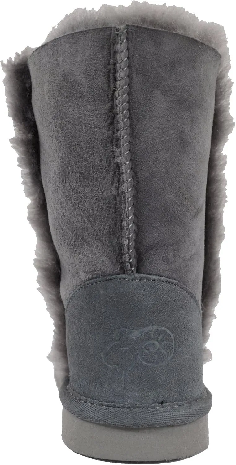 Bushga Ladies Genuine Sheepskin Mid Calf Short Boot with Button Design (Black, Chocolate Brown, Chestnut, Grey, Purple)