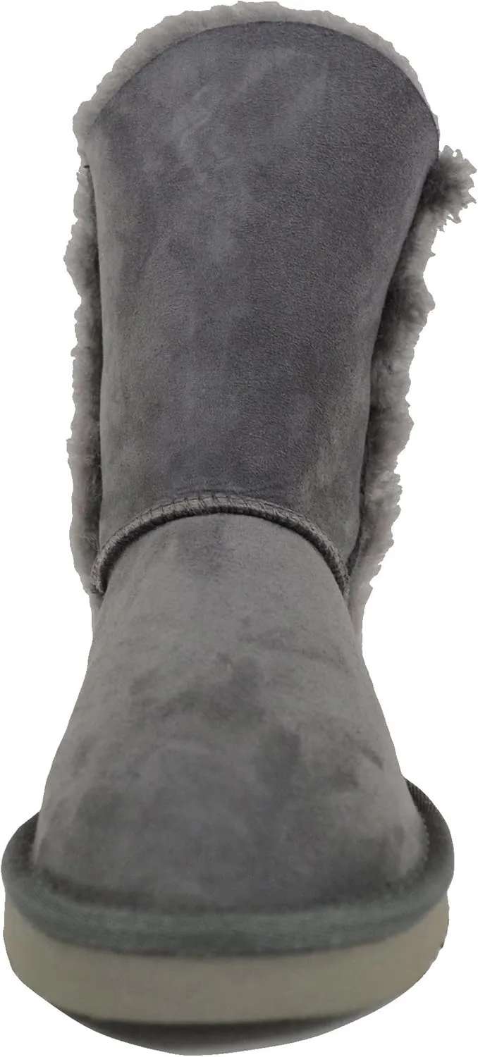 Bushga Ladies Genuine Sheepskin Mid Calf Short Boot with Button Design (Black, Chocolate Brown, Chestnut, Grey, Purple)