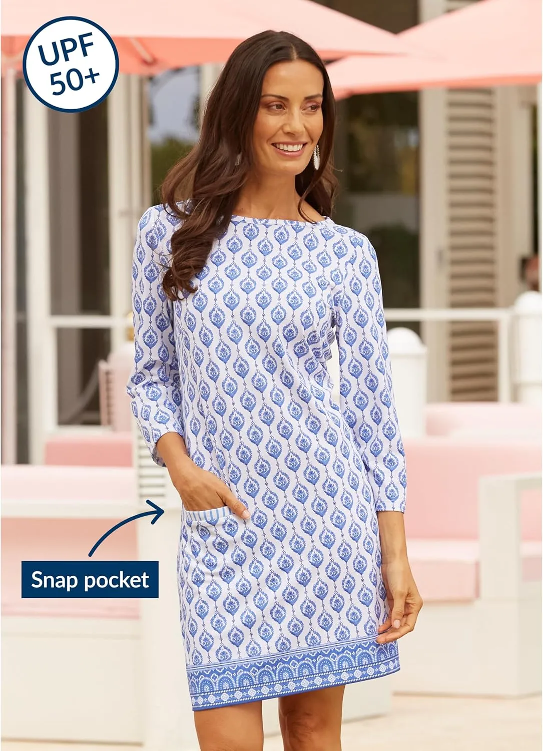 Cabana Life Shift Dress, UPF 50  Sun Protection Casual Dress, Boat Neckline, Quarter Sleeve, Womens Fashion