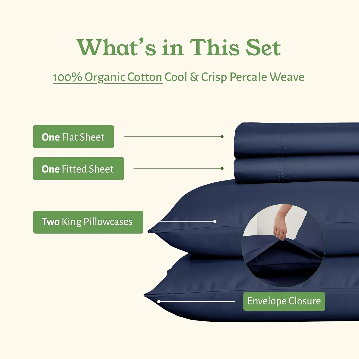 California Design Den King Size Sheets Deep Pocket Set - Soft 100% Organic Cotton Sheets, Crisp Percale, Breathable and Durable Bedding Set - Navy Blue