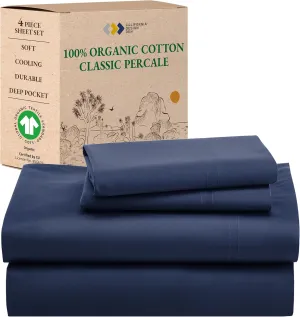 California Design Den King Size Sheets Deep Pocket Set - Soft 100% Organic Cotton Sheets, Crisp Percale, Breathable and Durable Bedding Set - Navy Blue