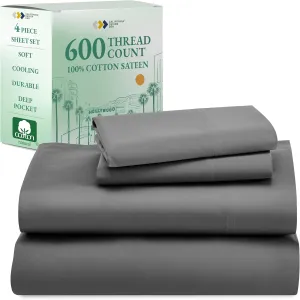California Design Den - Luxury Full Size Sheet Set - 100% Cotton, 600 Thread Count Deep Pocket Full Size Bed Sheets, Hotel-Quality Cooling Sheets with Sateen Weave - Grey