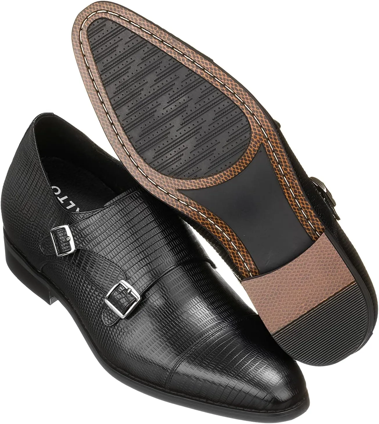 CALTO Men's Invisible Height Increasing Elevator Shoes - Black Leather Slip-on Dual Monk Straps Formal Loafers- 2.8 Inches Taller - K3114 - Size 10 D(M) US