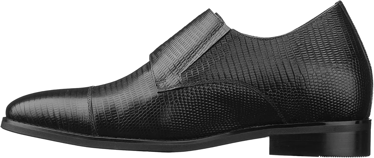 CALTO Men's Invisible Height Increasing Elevator Shoes - Black Leather Slip-on Dual Monk Straps Formal Loafers- 2.8 Inches Taller - K3114 - Size 10 D(M) US