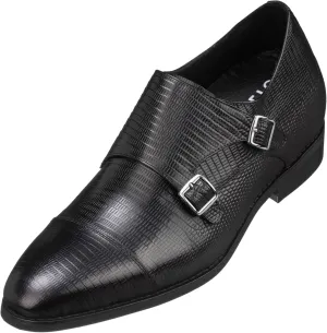 CALTO Men's Invisible Height Increasing Elevator Shoes - Black Leather Slip-on Dual Monk Straps Formal Loafers- 2.8 Inches Taller - K3114 - Size 10 D(M) US