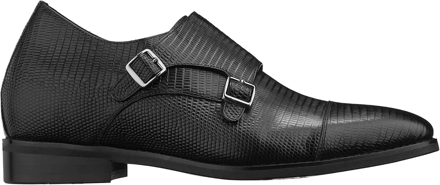 CALTO Men's Invisible Height Increasing Elevator Shoes - Black Leather Slip-on Dual Monk Straps Formal Loafers- 2.8 Inches Taller - K3114 - Size 10 D(M) US