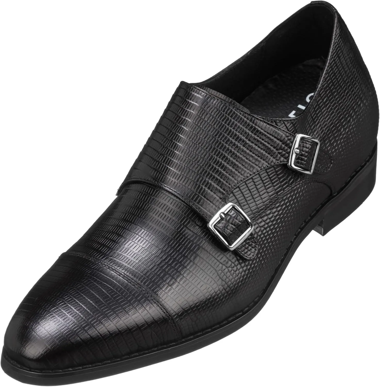 CALTO Men's Invisible Height Increasing Elevator Shoes - Black Leather Slip-on Dual Monk Straps Formal Loafers- 2.8 Inches Taller - K3114 - Size 10 D(M) US