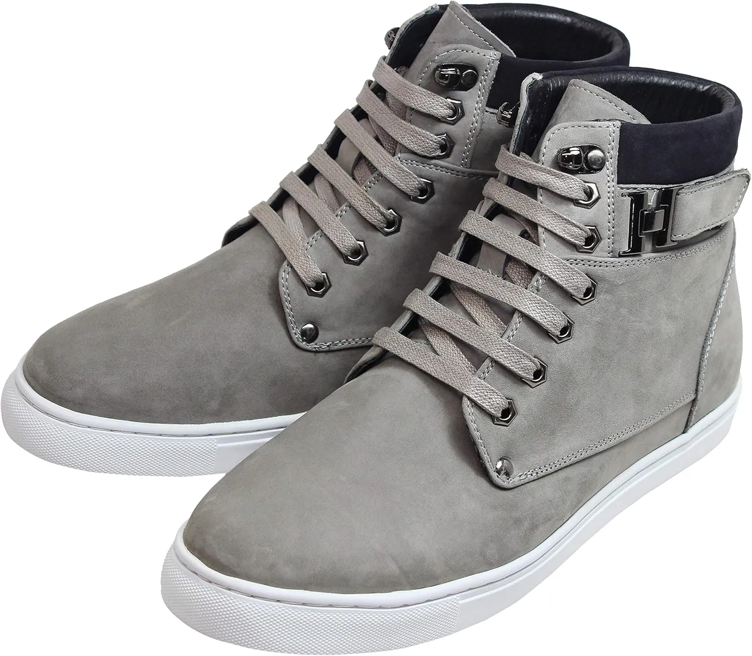 CALTO Men's Invisible Height Increasing Elevator Shoes - Grey Nubuck Leather Lace-up Fashion Sneakers - 2.6 Inches Taller - T53120 - Size 9 D(M) US