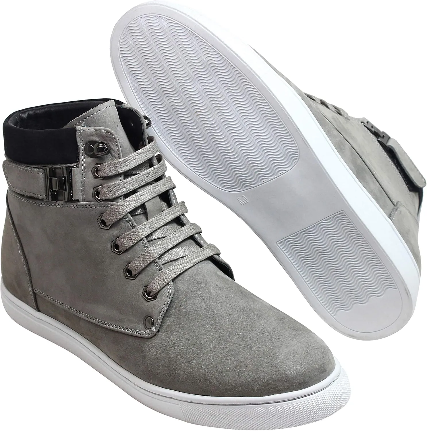 CALTO Men's Invisible Height Increasing Elevator Shoes - Grey Nubuck Leather Lace-up Fashion Sneakers - 2.6 Inches Taller - T53120 - Size 9 D(M) US