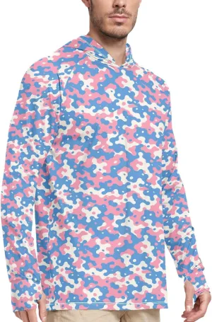 Camouflage Beige Blue Mens Hoodie Sun Protection Long Sleeve UPF 50 Mens Sun Shirt Sunproof Shirts UV Rash Guard Hooded