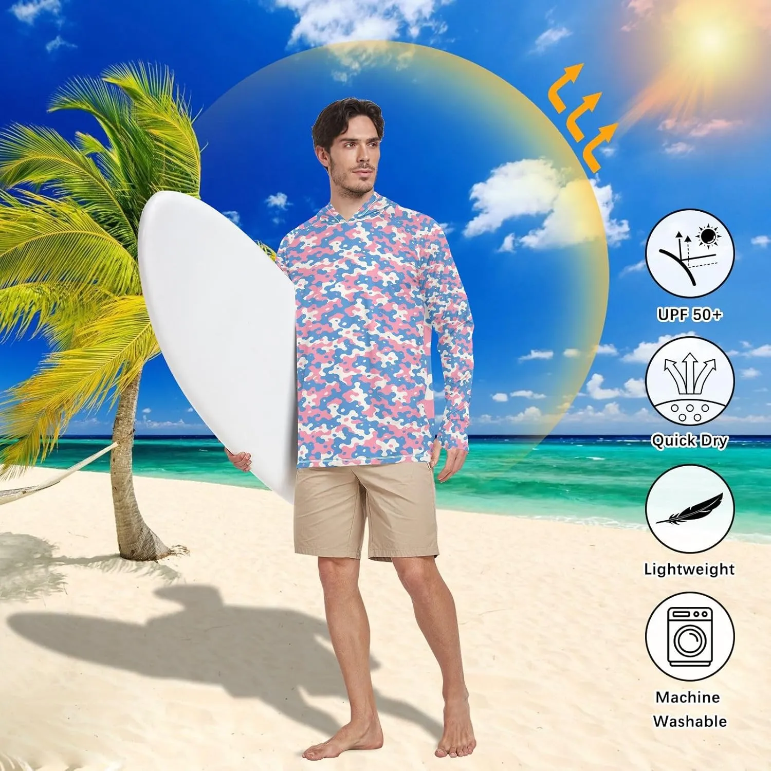 Camouflage Beige Blue Mens Hoodie Sun Protection Long Sleeve UPF 50 Mens Sun Shirt Sunproof Shirts UV Rash Guard Hooded