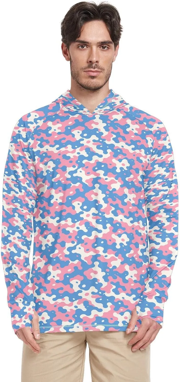 Camouflage Beige Blue Mens Hoodie Sun Protection Long Sleeve UPF 50 Mens Sun Shirt Sunproof Shirts UV Rash Guard Hooded