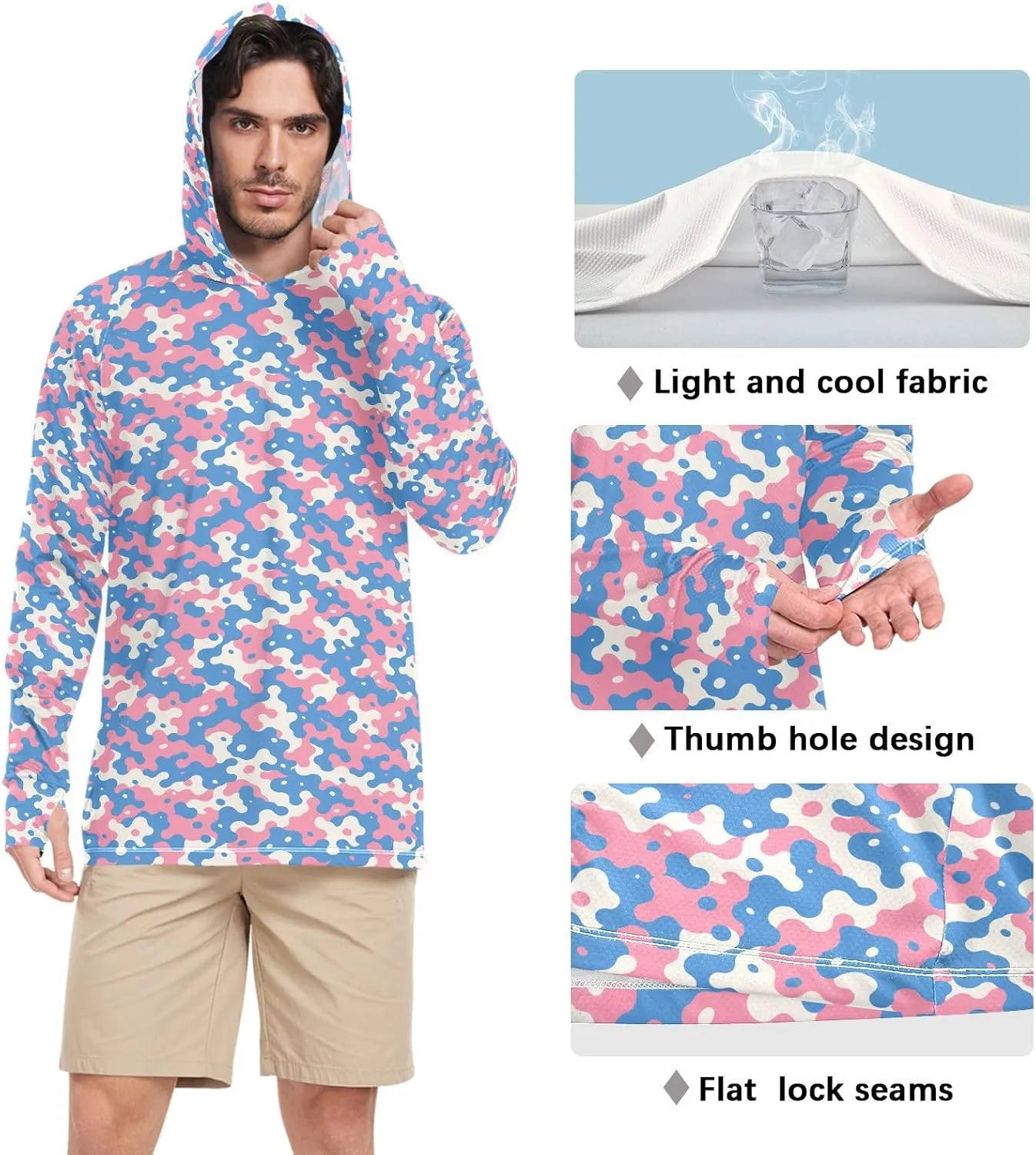 Camouflage Beige Blue Mens Hoodie Sun Protection Long Sleeve UPF 50 Mens Sun Shirt Sunproof Shirts UV Rash Guard Hooded