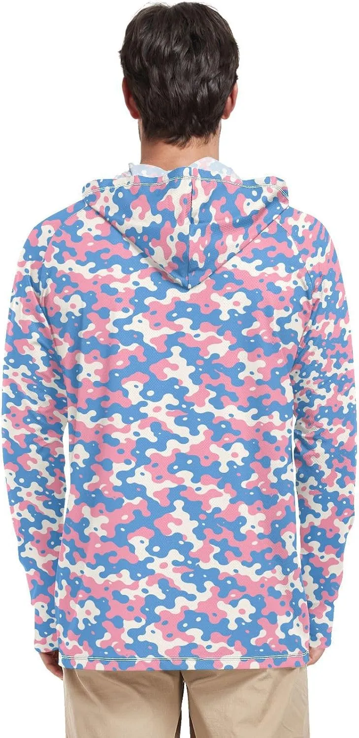 Camouflage Beige Blue Mens Hoodie Sun Protection Long Sleeve UPF 50 Mens Sun Shirt Sunproof Shirts UV Rash Guard Hooded