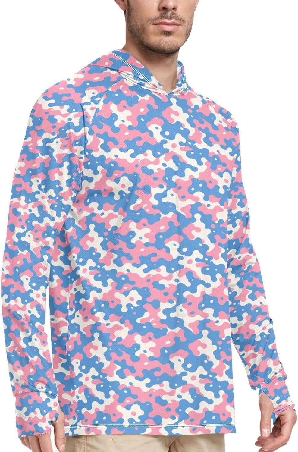 Camouflage Beige Blue Mens Hoodie Sun Protection Long Sleeve UPF 50 Mens Sun Shirt Sunproof Shirts UV Rash Guard Hooded