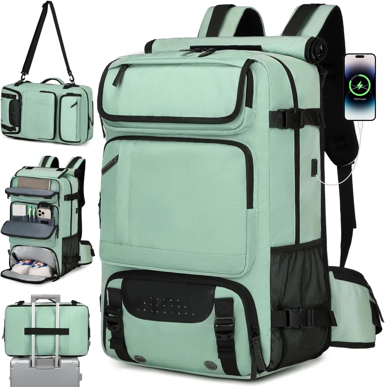 Carry on Travel Backpack for Men Airline Approved Convertible Nylon Duffle Backpack Luggage Bag Light Green