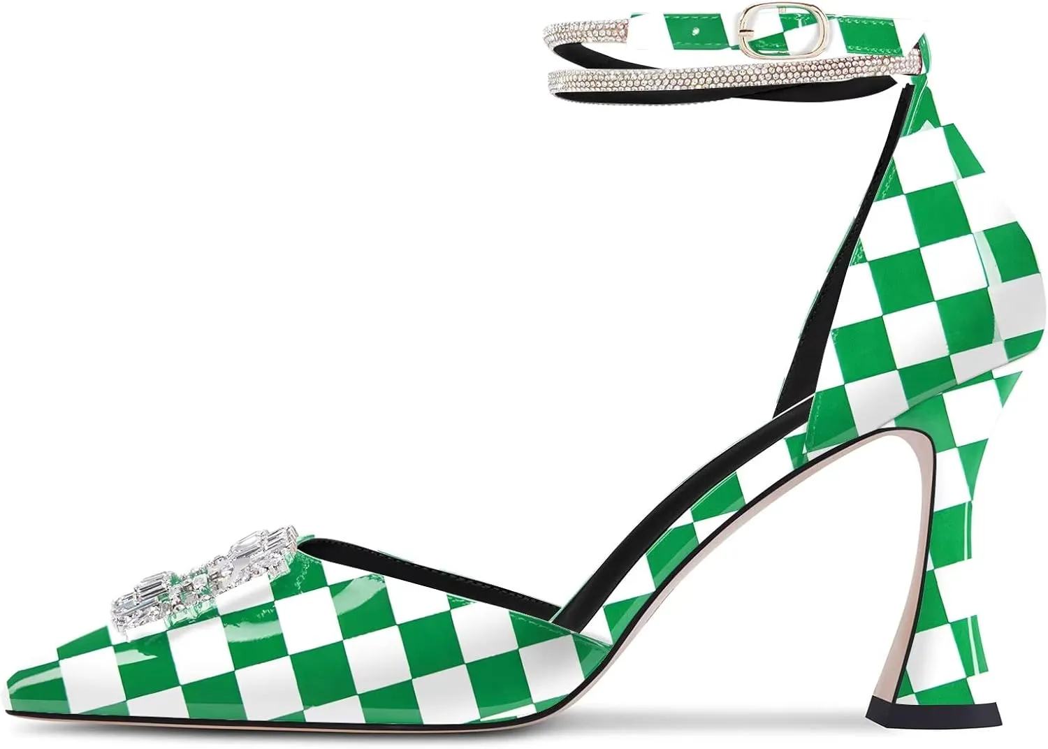 Castamere Women High Chunky Block Heel Ankle Strap Diamond Crystal Pointed Toe Pumps 3.3 Inches Heels