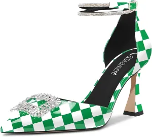 Castamere Women High Chunky Block Heel Ankle Strap Diamond Crystal Pointed Toe Pumps 3.3 Inches Heels