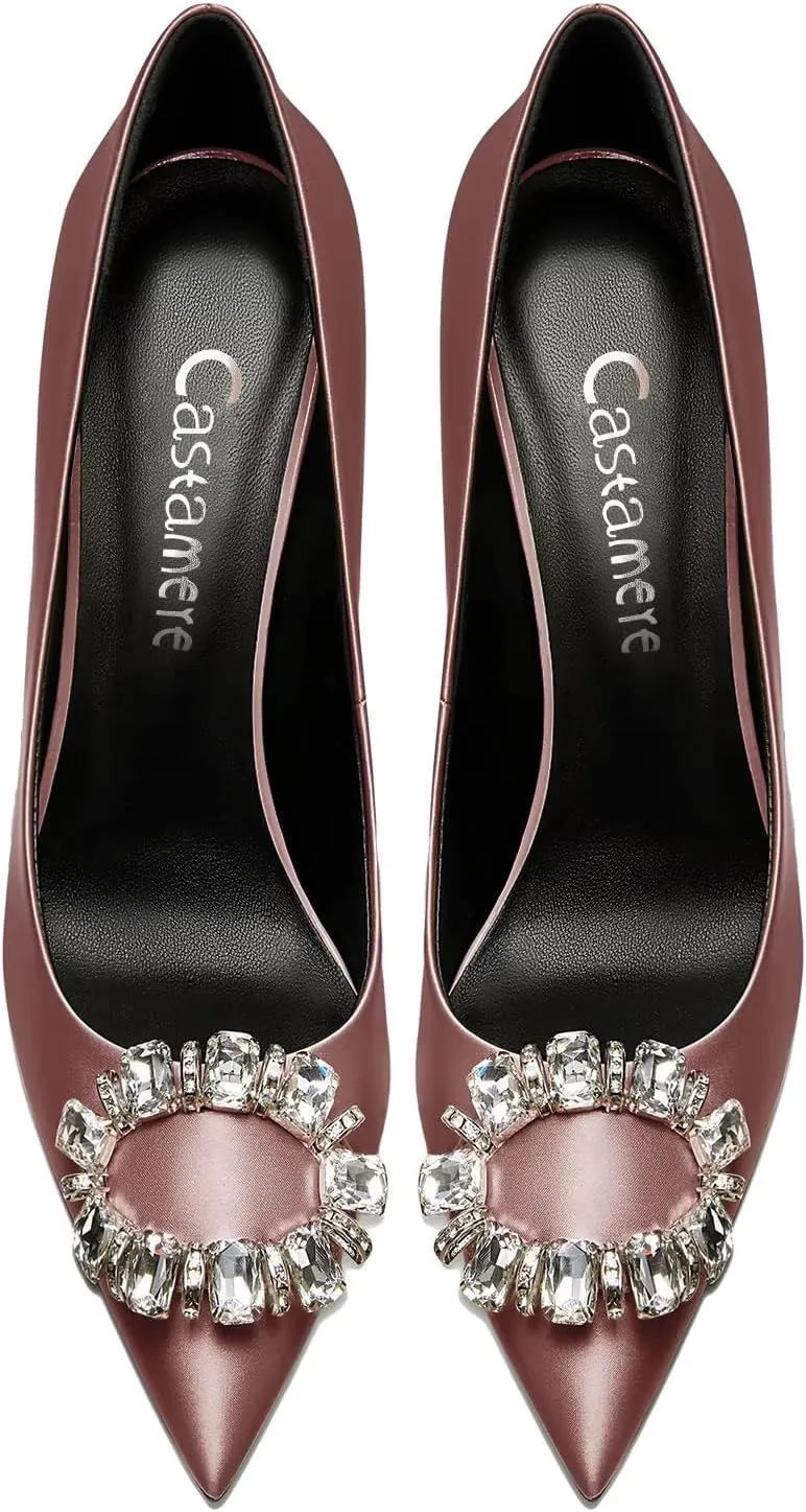 Castamere Women Stiletto High Heel Slip-on Pointed Toe Pumps Diamond Crystal Satin Wedding Prom 3.3 Inches Heels B1