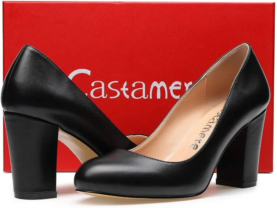 Castamere Women's High Heels Round Toe Slip-On Pumps Block Heel 8CM