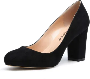Castamere Women's High Heels Round Toe Slip-On Pumps Block Heel 8CM
