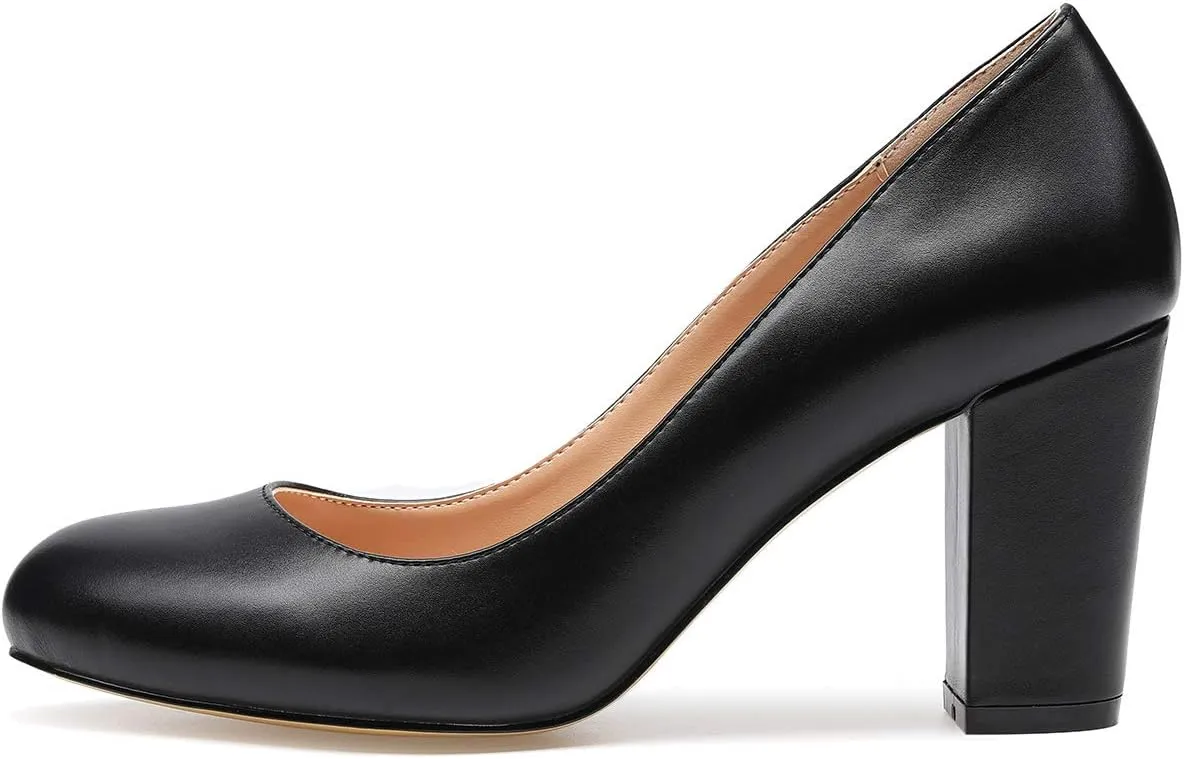 Castamere Women's High Heels Round Toe Slip-On Pumps Block Heel 8CM