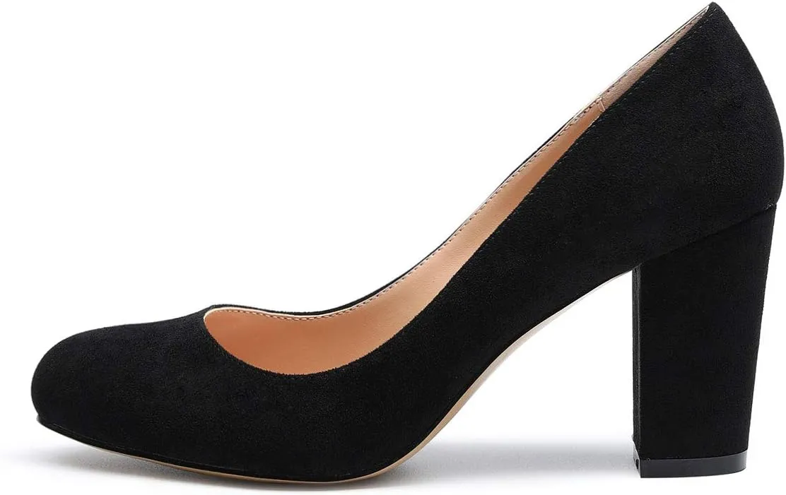 Castamere Women's High Heels Round Toe Slip-On Pumps Block Heel 8CM